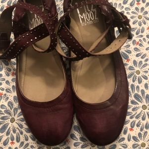 Miz Mooz ballet flats with wrapping ankle straps.
